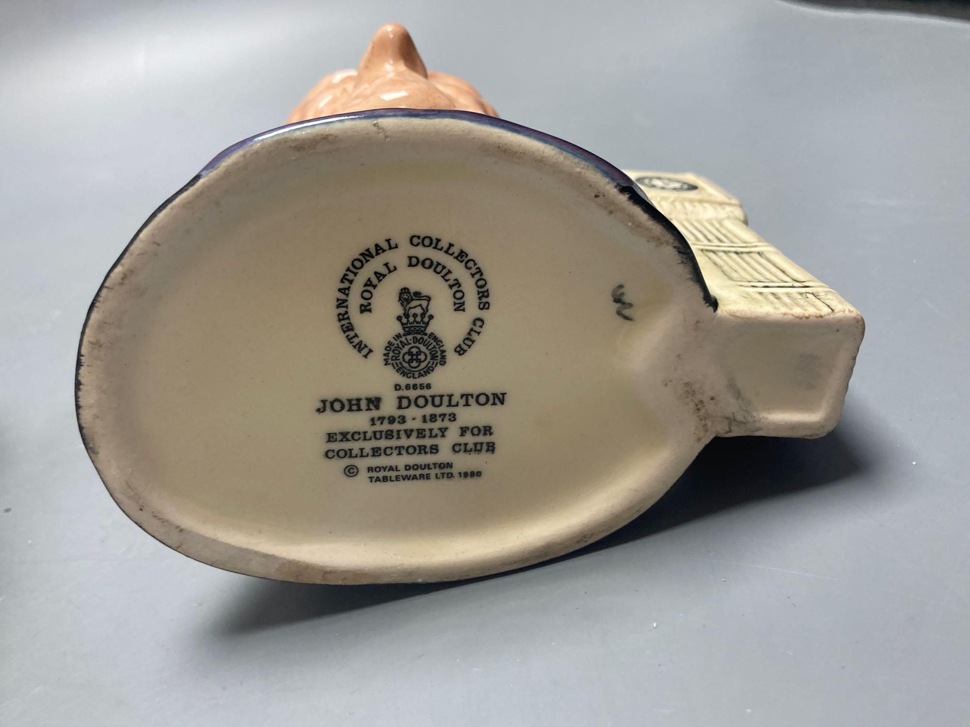 Royal Doulton John Barleycorn large and small character jugs, two Royal Doulton Pickwick and Old Mac tiny character jugs, Royal Doulton